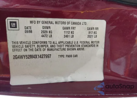 1999 Buick Century Limited из США, поврежденный, VIN 2G4WY52M4X1427997